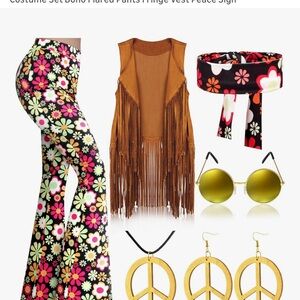 Boho Floral Flared Pants and Fringe Vest Set